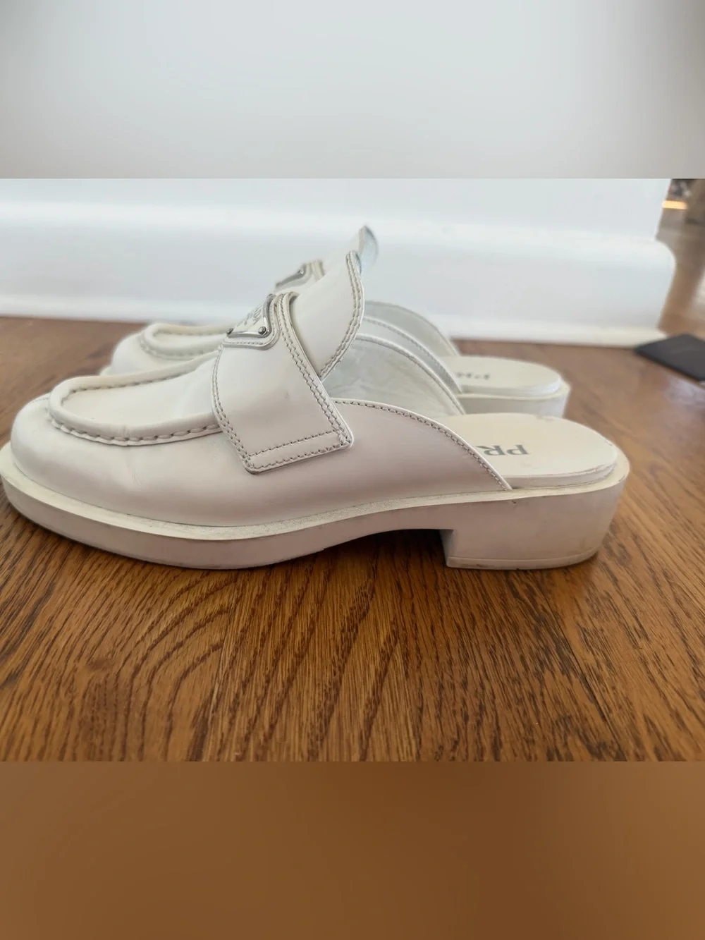 Prada White Triangle Logo Slip-On Loafers, size 38 - Picture 6 of 8